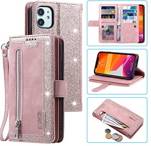 UEEBAI Wallet Case for iPhone 11 6.1, Retro 9 Card Holder Slots Zipper Pocket Handbag Case PU Leather Magnetic Closure Kickstand with Wrist Strap TPU Shockproof folio Case - Rose Gold