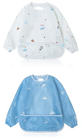 Little Dimsum Long Sleeves Toddler Weaning Bibs |Sleeved Baby Waterproof Feeding Coverall Set | Catching Food & Wipe Clean 6-36 Months (Glatic&Spaceship)