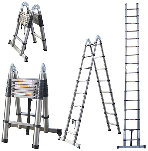 Multifunctional Telescopic Ladder Stainless Steel Articulated Extendable Ladder 5m(2.5m+2.5m), Multipurpose Folding 16 Steps Ladder & Straight Ladder, 330lbs Large Loading Capacity