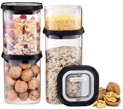 GEFU Vorratsdosen-Set PANTRY - luftdichter Deckel, Vorratsglas für Lebensmittel, Vorratsbehälter aus Glas, spülmaschinengeeignet, 4-teilig