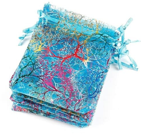 Thinkhappyyoyo Bunte Organza-Beutel, 50 Stück, mit Kordelzug, Schmuckbeutel, Schmuck, Verpackung, Taschen, Hochzeit, Party, Valentinstag, Geschenk, Dekoration, Aufbewahrungstaschen (blau, 7 x 9 cm)