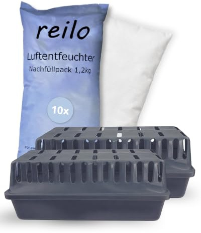 reilo XXL Luftentfeuchter Set 2x XXL Box gt + 10x 1,2 kg | XXL Raumentfeuchterbox mit Calciumchlorid Granulat I Ohne Strom & duftneutral I Gegen Feuchtigkeit, Schimmel & Gerüche
