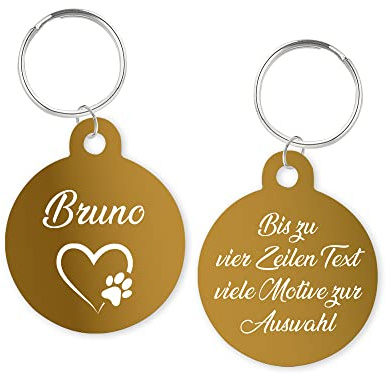 Aluminium runde Hundemarke mit Gravur - Hundemarke personalisiert mit hochwertiger Lasergravur, Adressanhänger Hund personalisiert für Hunde oder Katzen (gold), PIU-HM-RUN-01, 25 mm Ø