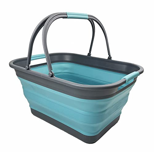 SAMMART 29 l zusammenklappbare Wanne mit Griff, tragbarer Picknickkorb, platzsparender Aufbewahrungsbehälter, Wasserkapazität 24 l (Grau/Kristallblau)