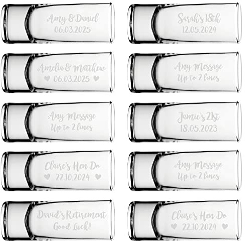 Gift Base Personalised Name Shot Shooter Glass Tall Double 60ml Any Name Message Multi Pack 5, 10, 20, 30, 40, 50, 100 Glasses Stag Hen Do Wedding Birthday 18th 21st 30th Tequila Rum Gin Whisky