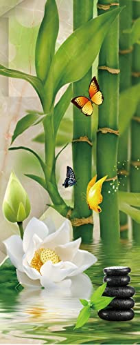A.Monamour Türtapete Selbstklebend Türfolie Türposter 3D Grüner Bambus Weiße Blumen Schmetterling Schwarze Spa Steine ​​Auf Dem Wasser Zen Vinyl Folie Tapete Wandbild Türaufkleber Türtattoo 85x200cm