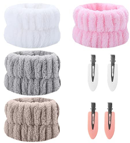4Pcs Bracelets de Toilette en Polaire Corail pour Le Lavage du Visage, Bandes de Poignet Faciales Absorbantes d'eau pour Maquillage de Yoga Sports Douche, 4 Clips de Caneton,​ pour Femmes Filles