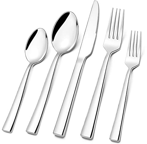 Silverware Set for 8, CXJY 40-Piece Stainless Steel Flatware Cutlery Set, Square Edge Kitchen Utensil Include Knives/Forks/Spoons, Tableware for Home/Hotel, Mirror Polished Dishwasher Safe
