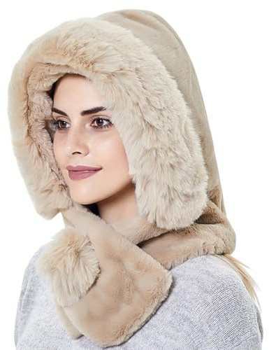 Rayson 2 in 1 Damen Wintermütze Kapuze Kapuzenschal Beanie Ohrschal Winddicht Kälteschutz Mütze Warme Winter Kapuzenschal Neckwarmer Set Schal mit Bommel Ski Ohrenklappe