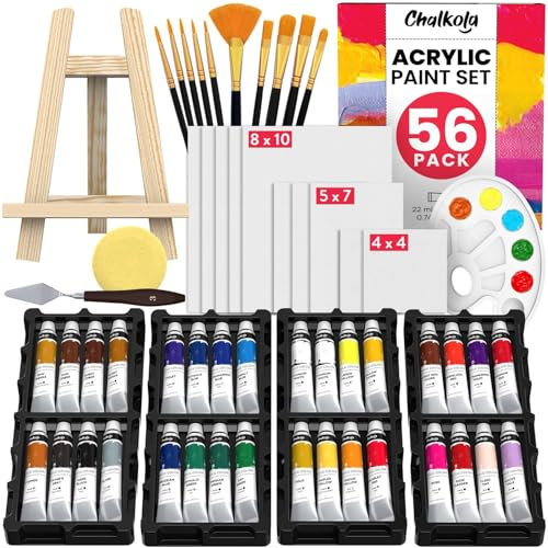 Chalkola Acrylfarben set| 32x22ml Acrylfarbe mit 10 Leinwand, 10 Pinseln, Tischstaffelei| Acrylfarben für Leinwand Holz| Wasserfeste Acrylic paint set| leuchtenden Farben für kinder, Profis, Anfänger