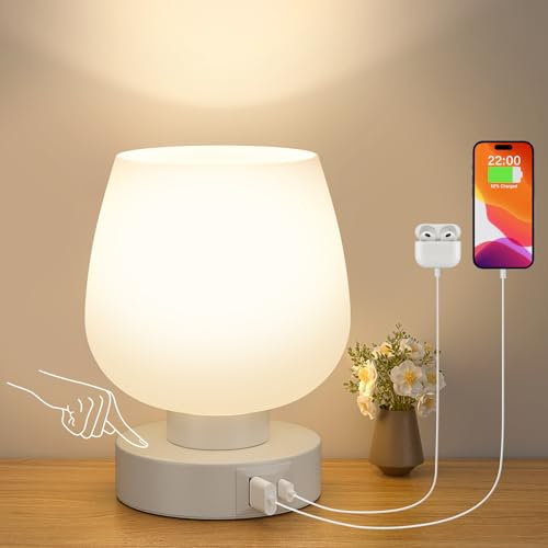 kakanuo Lampada da Comodino, Lampada da Tavolo Touch Dimmerabile in Vetro Bianco con Porte USB-C+A, Piccola Abat Jour da Comodino con Filo per Camera da Letto Soggiorno Ufficio(Lampadina Inclusa)