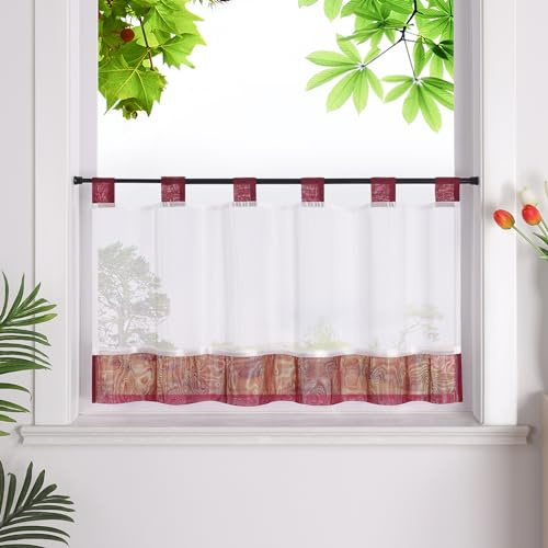 HeichkelL Scheibengardine, Leinenoptik Gardine, Rot HxB 45x90 cm | Küchengardine mit Schlaufen, Halbtransparent Bistrogardine, Landhausstil Kurzstores