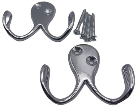 Aretro Chrome Two Pronged Coat Hooks Pack of 2 Double Prong Wall Mounted Decorative Clothes Hat Hooks Double Robe Hooks Screw in Door Hooks for Kitchen Bedroom Wall Bathroom Hanging with Screws