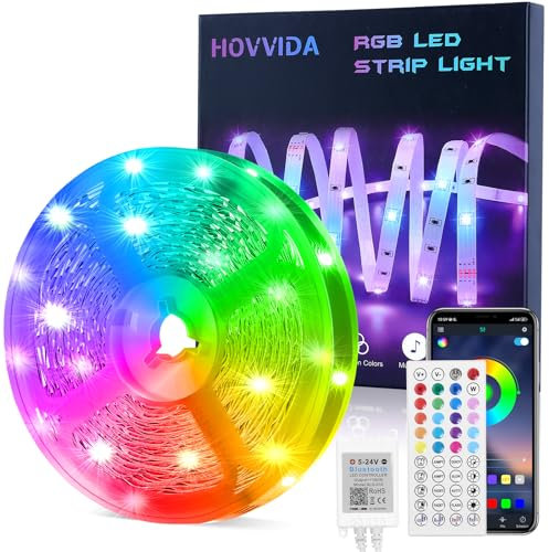 HOVVIDA Ruban LED 15M, 1x15M, 30 LED/Mètre, 24V RVB Bande LED, 450 LED, APP et Télécommande, Synchronisation de la Musique, Mode Minuterie, pour Chambre, Salle de Jeux, Fête, Festival