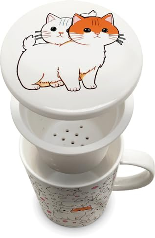 Taza de té con filtro - Gatos - Vaso de té 300 ml - Taza de té grande - Con tapa - Porcelana - Vaso de té con filtro - Filtro de té - Juego de taza de té - Taza de té con colador y tapa - Taza de café