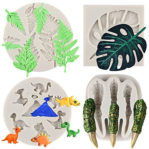 MYPRACS Set di 4 stampi in silicone a forma di dinosauro, a forma di artiglio di dinosauro, foglie tropicali, felci, foglie, cioccolato, foglie di Monstera, per decorare torte, cupcake, pasta di