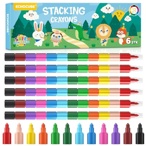 ECHOCUBE 6 Ceras de Colores para Niños, Crayones Apilables de Colores Arcoiris, Lápices de Colores para Dibujo en la escuela,Juego de Ceras Colorear para regalitos infantil fiesta cumpleaños