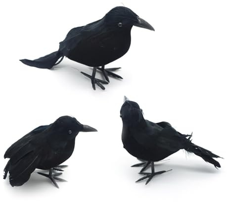 SEDEX Halloween Crows Artificial 3 Pack Feathered Crows Realistic Raven Birds Decorations Animal Ornament Spooky Black Feather Crow for Halloween Party Prop Indoor Outdoor Home Garden Decoration Model