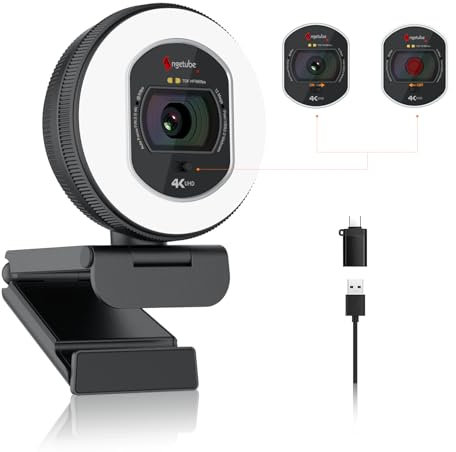 Angetube Webcam 4K mit Licht – Streaming-Kamera für PC mit Dual-AI-Rauschunterdrückungs-Mikrofon, Auto-Fokus und eingebautem Sichtschutz. USB 1080P 60FPS Webcam für Laptop und Mac