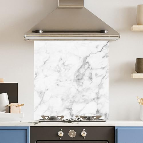 Toughened 6mm Glass Kitchen Splashback 70 x 75cm Veiny White Marble - Polished Heat Resistant Back Splash for Cookers Hob