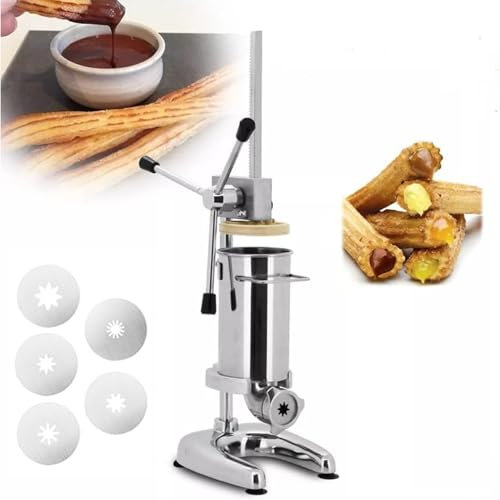 WOTZOV Kommerzielle Churro-Maschine, 2/3 l manueller Churro-Maker aus Edelstahl mit 5 Formen, vertikale spanische Churro-Maschine, Snack-Ausrüstung für Restaurants, Konditoreien,2 Liter