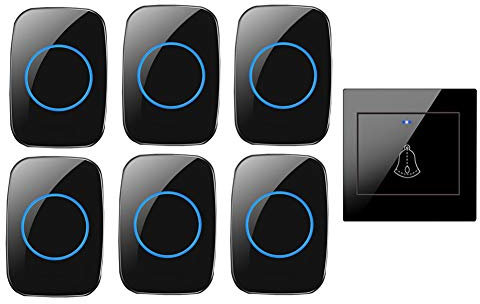 Kit de sonnette sans fil avec 6 récepteurs Portée 300 m IP44 Étanche 36 sonneries 4 niveaux de volume Noir