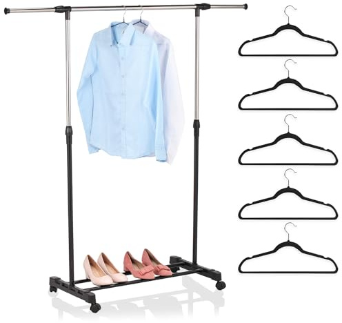 K AKTUAL Burro ropa con ruedas - Barra extensible para colgar ropa - Medida 89-145 x 43 x 90-160 cm - Perchero burro resistente de acero inoxidable y metal - Incluye 5 perchas de terciopelo