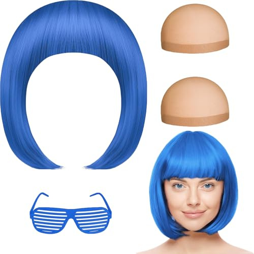 Blaue Perücke Damen Kurz Bob mit Pony & Brille - Karneval Perücke Damen Set für Cosplay Party Halloween Kostüm - Perücke Fasching Neon Blau Synthetische Haare Verstellbar inkl. 2 Haarnetzen