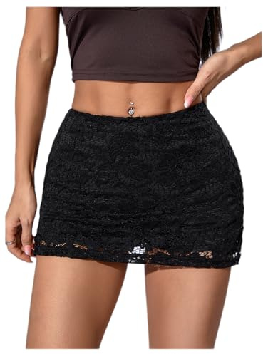 GORGLITTER Women's Lace Bodycon Mini Skirt Low Waist Slit Hem Sexy Skinny Party Skirts Black Small