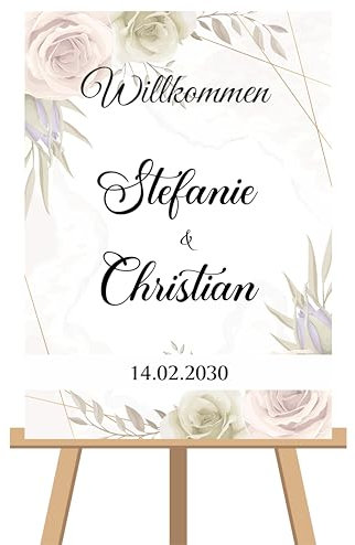 Personalisiertes Willkommensschild zur Hochzeit, 3 Größen wählbar Blumen Design - mit intensivem UV-Druck, Ihren Namen, Datum und Text, 3mm Dick Acryl Weiss