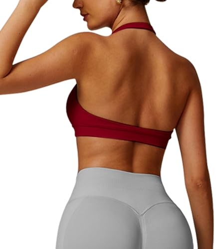 JN JANPRINT Workout Sports Bras for Women Halter Neck Running Bra Padded Open Back Seamless Bralette Gym Bra Yoga Crop Top Burgundy