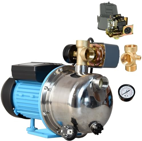 Wasserpumpe JX 1100 - Hydrophorpumpe Gartenpumpe (3600 l/h, 1100 W, Förderhöhe 50m) - Edelstahl INOX - mit Manometer Druckschalter 5-Wege Verteiler - Hauswasserwerk für Bewässerung
