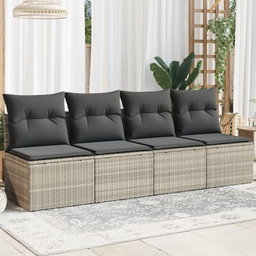 IKAYAA Gartensofa 3 Sitzer Balkon Sofa Balkon Couch Lounge Sofa Balkon Lounge Klein Balkonmöbel Rattansofa Outdoor Sitzbank Gartenmöbel Set 4-Sitzer Hellgrau