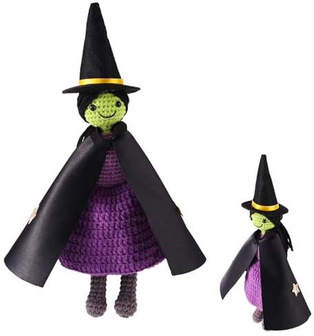SAVITA Positive Hexe Gehäkelt, 23 cm Emotionales Strick Unterstützung Puppen Spielzeug mit Hexenhut und Umhang Halloween Zuhause Büro Schreibtischdekor Geschenke für Fans Freunde und Familie
