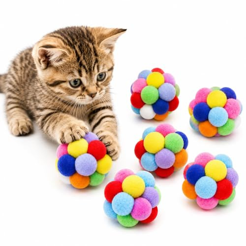 Vebetter Filzbälle für Katzen, 6 Stück Katzenspielzeug Bälle aus Filz, Pompon Ball 4,5 cm, Weiche Katzenbälle, Kätzchen Pom Poms Ball, Spielzeug Indoor