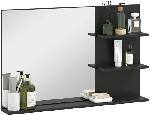 kleankin Specchio Bagno Moderno con 2 Ripiani Laterali e Ripiano Inferiore, Specchio da Parete in MDF e Vetro, 75x10x48 cm, Nero