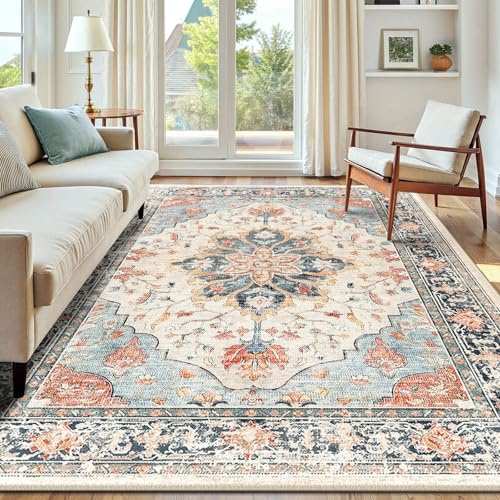 INOVADAY Teppich Wohnzimmer Waschbar 150x210 cm Retro Beige/Blau/Orange | Teppich Schlafzimmer, Vintage Teppich Waschbar, Esszimmer, Büro, Kurzflor Rutschfest, Boho, Retro, Weich, OEKO, Gedruckte