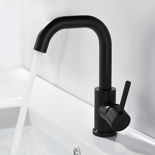 Wasserhahn Bad Schwarz, 360° Drehbar Waschtischarmatur, Edelstahl | Armatur Waschbecken für Badezimmer, 180mm Auslaufhöhe, Einhebelmischer für Warm und Kaltwasser, Schwenkbarer Auslauf, G3/8