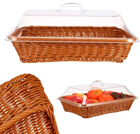 POPETPOP Panier Tissé Rectangulaire en Rotin Synthétique avec Couvercle Transparent pour Fruits et Pain Panier de Rangement Multifonctionnel Cuisine et Pique- Corbeille Décorative