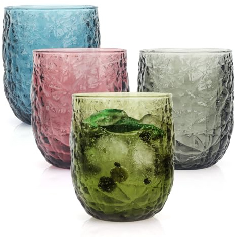 Hebaogugu 350 ml/12 oz Glass Tumblers, Coloured Drinking Glasses Set of 4 for Wine, Milk, Tea, Beverage, Vintage Water Glasses for Home & Restaurant(Frost Cracks)