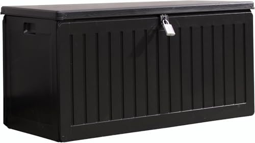 Olsen & Smith 270L Sit-On Garden Storage Box – Weatherproof Outdoor Plastic Shed Seat with Padlock, Lockable Wood Effect Chest for Patio, Deck, and Garage (Black, 270 Litre)