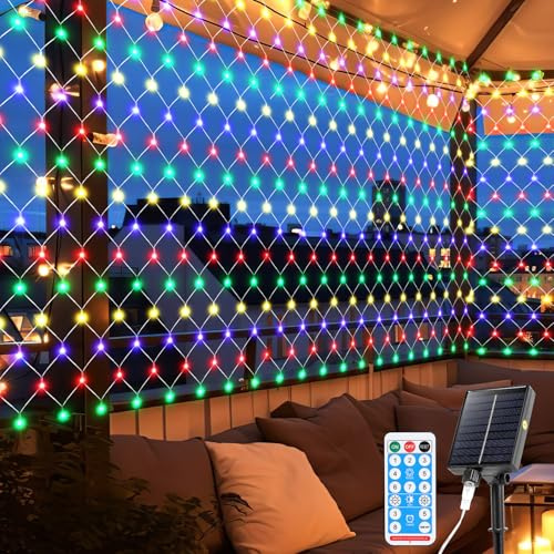 ISOISL Festliches Solar Lichternetz, 2x2m 240LEDs, 8 Modi & Timer per Fernbedienung, Solar/USB, IP44 wasserfest für Weihnachten, Garten, Weihnachtsdeko, Bunt