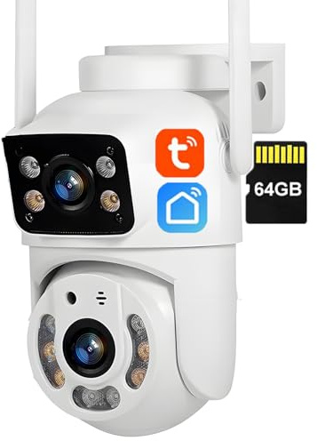 KEYQEEN Tuya 5MP+5MP Caméra IP PTZ WiFi à Double Objectif, caméra de sécurité extérieure étanche IP66 avec Vision Nocturne, Suivi Automatique et Audio bidirectionnel,Camera+64g
