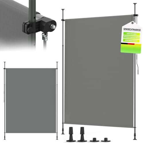 Huracan Toldo vertical con pinza, 200 x 270 cm, toldo vertical con manivela sin agujeros, protección visual, extensible, opaco, para terraza, balcón, resistente a la intemperie, color gris