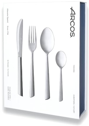 ARCOS Juego de Cubiertos de 16 Piezas para Mesa. Cubertería Completa para 4 Personas. Set de 4 Cucharas, 4 Cuchillos, 4 Tenedores y 4 Cucharas de Postre. Serie Toscana. Color Plata