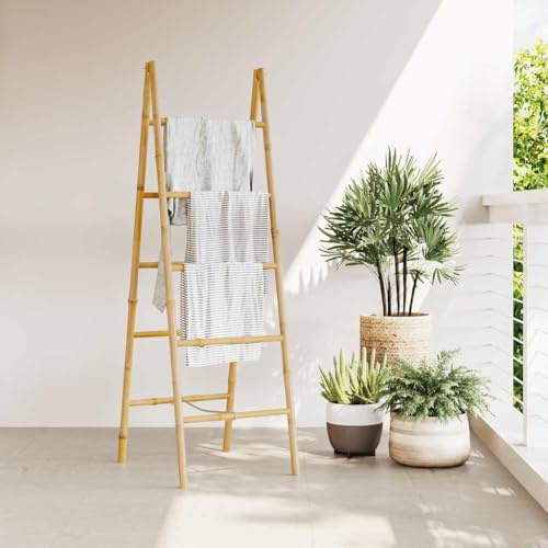 QUAHEAS Escalera doble de bambú de 50 x 160 cm con cinco peldaños a cada lado para baño, toallas de baño y toallero, como soporte de pared o estante en el inodoro de invitados y ducha