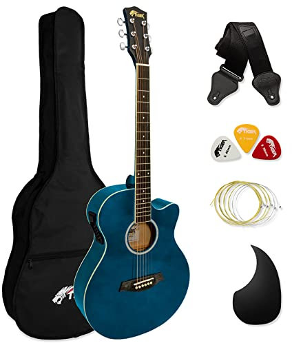 TIGER ACG4-BL Chitarra elettroacustica 4/4 misura intera per principianti con equalizzatore a 3 bande integrato - La confezione include custodia, tracolla e corde di ricambio - Blu
