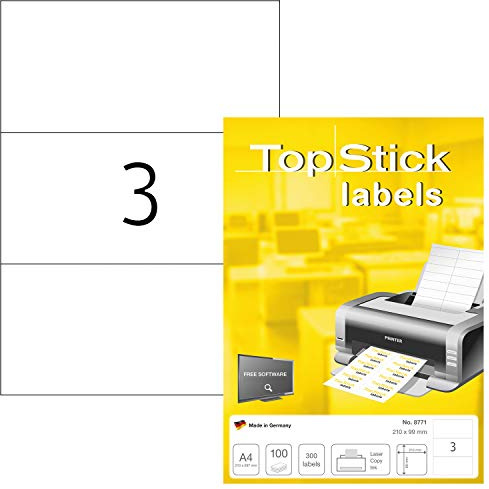 TopStick 8771 universella etiketter A4 stora (210 x 99 mm, 100 ark, papper, matt) självhäftande, utskrivbara, permanenta adressetiketter, 300 klistermärken, vit
