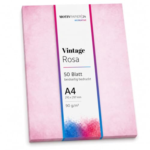 50 Blatt Briefpapier (A4) | Vintage Retro rosa | edles Retro Design Papier | Motivpapier Marmoriert farbig hell rot rose beidseitig bedruckt | Bastelpapier | 90 g/m²