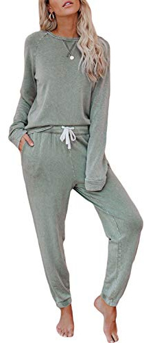 Bunanphy Womens Lounge Wear Pullover Pajamas Long Sleeve Plain PJ Sets Ladies Loung Wear Casual Sleepwear with Pockets Green A X-Large